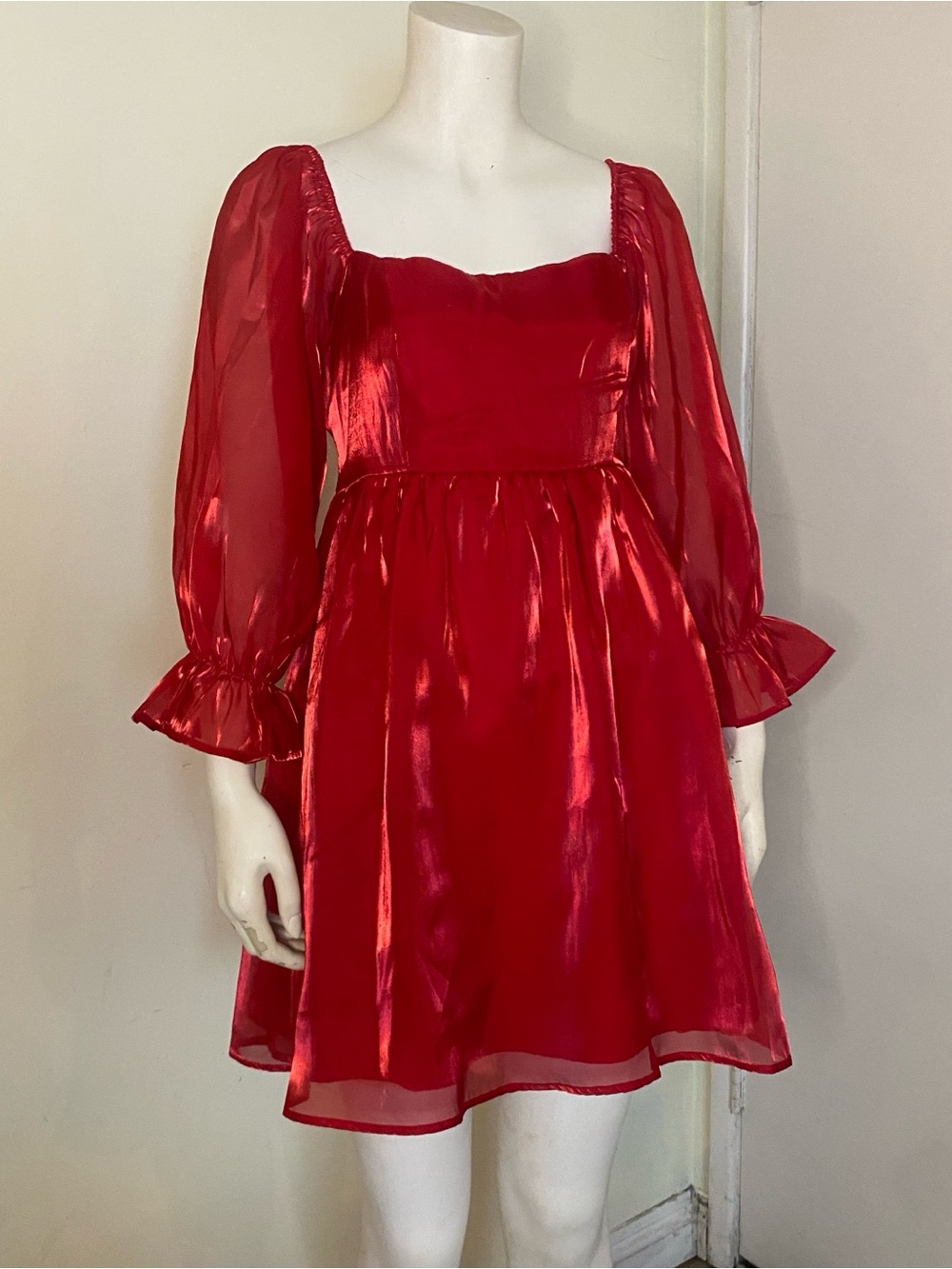 Romantic Red Square-Neck Puff Sleeve Mini Dress - Unbranded